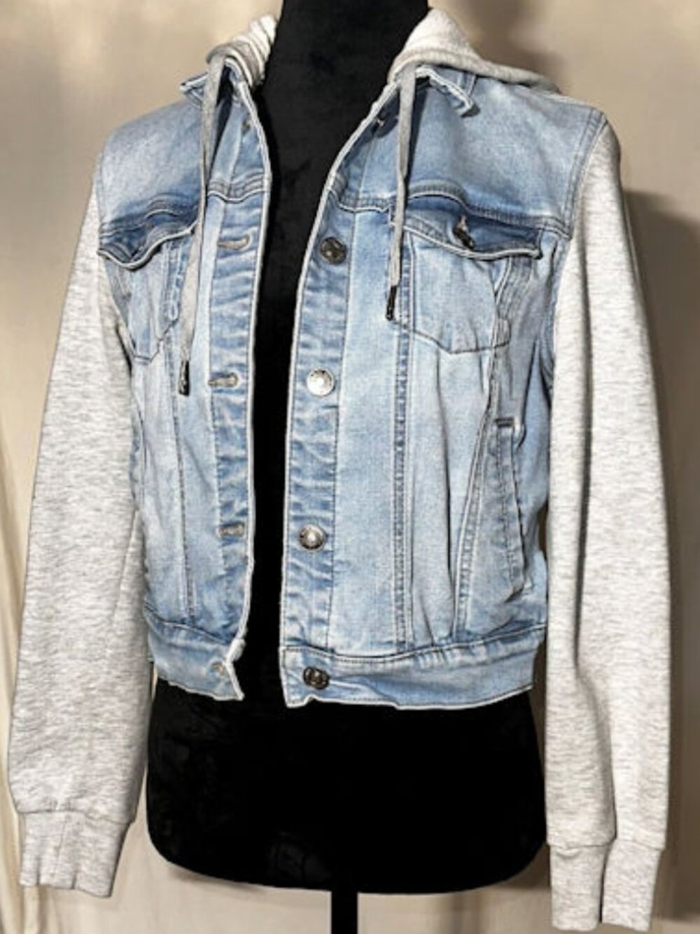 Wax Jean Cropped Denim Jacket with Sweatshirt Sleeves and Hood, Medium